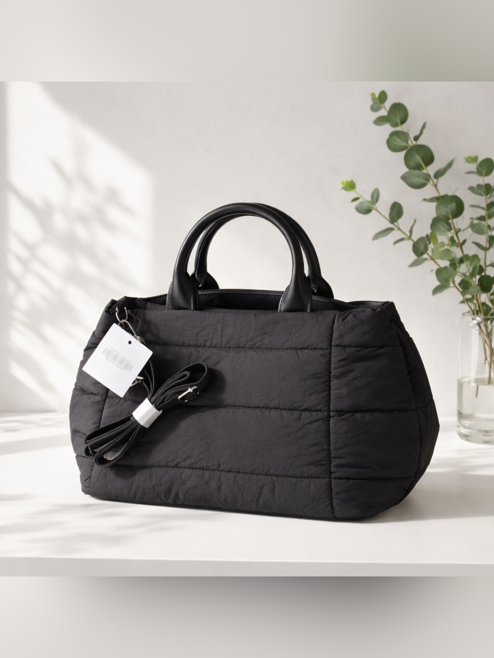 NWT Black Quilted Tote Bag with Top Handles